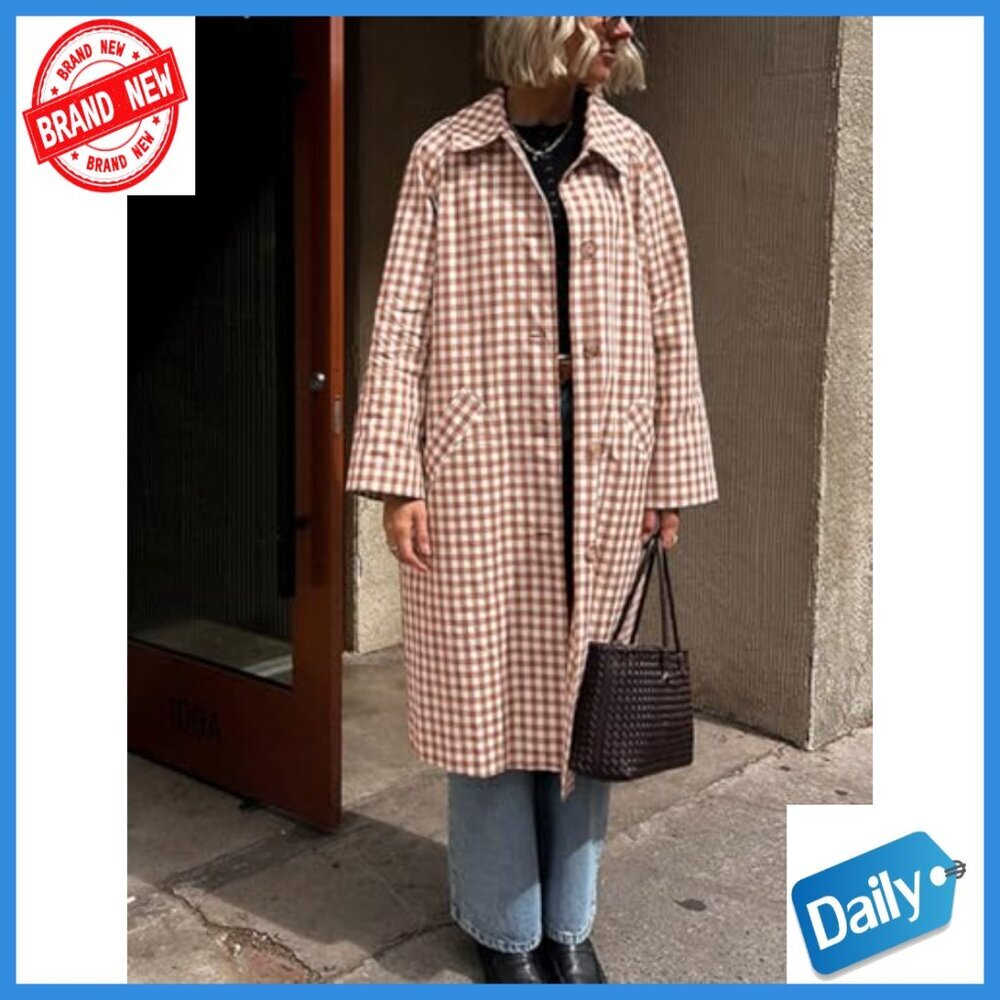 Women's Long Trench Coat Plaid Barn Jacket Single Breasted Casual Outerwear - Picture 3 of 7